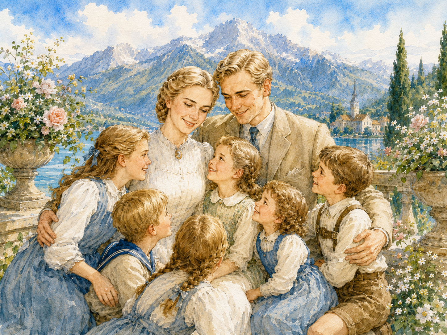 Retrato em aguarela de Elisabeth e Georg von Trapp
