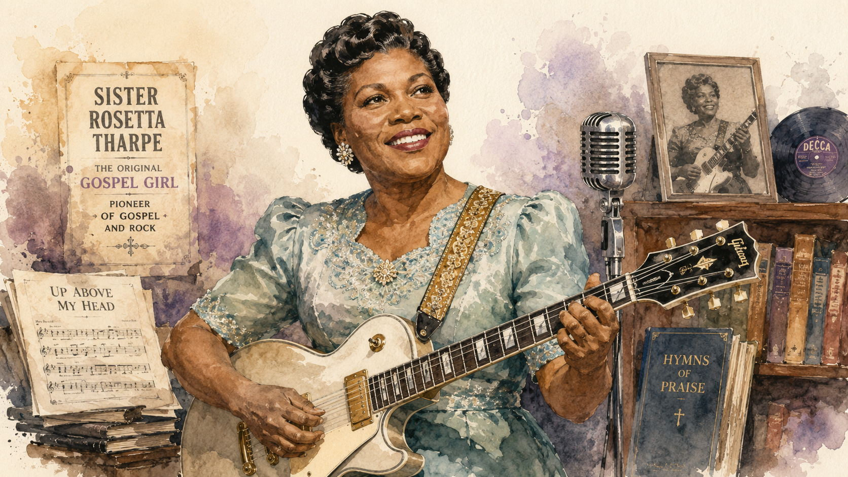 Retrato em aguarela de Sister Rosetta Tharpe