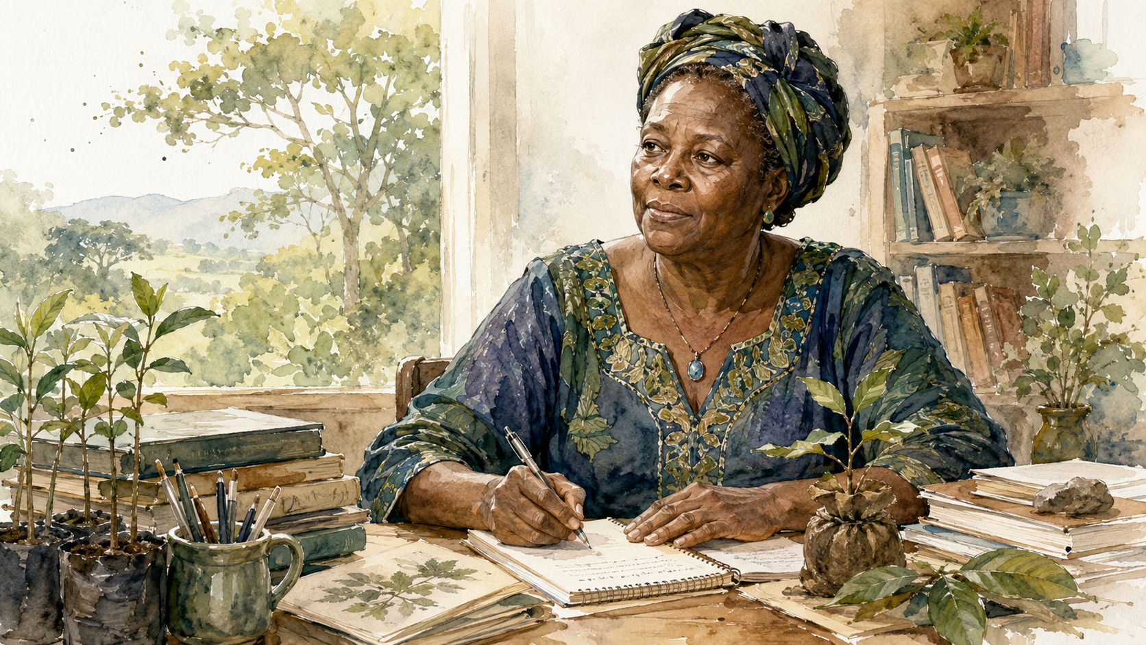 Retrato em aguarela de Wangari Maathai